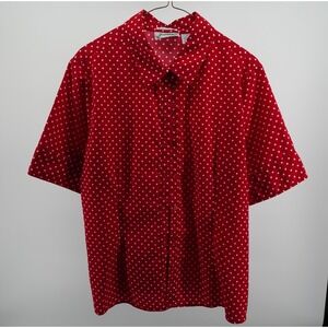 Joanna Red White Polka Dot Short Sleeve Button Up Stretch Blouse Top Size L